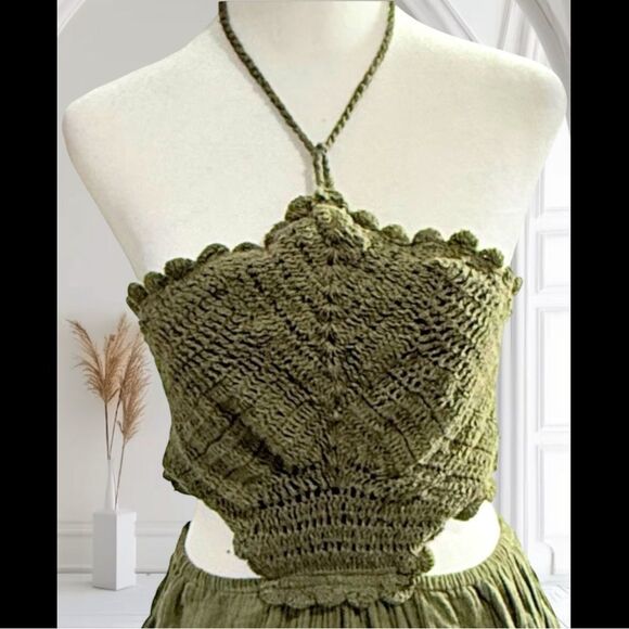 Aerie Pool To Party Boho Olive Green Crochet Halter Mini Cottagecore Dress Sz M - Picture 8 of 11